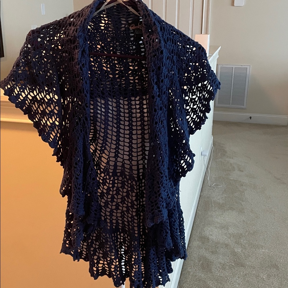 Elegant Navy Blue Women's Crochet Cardigan